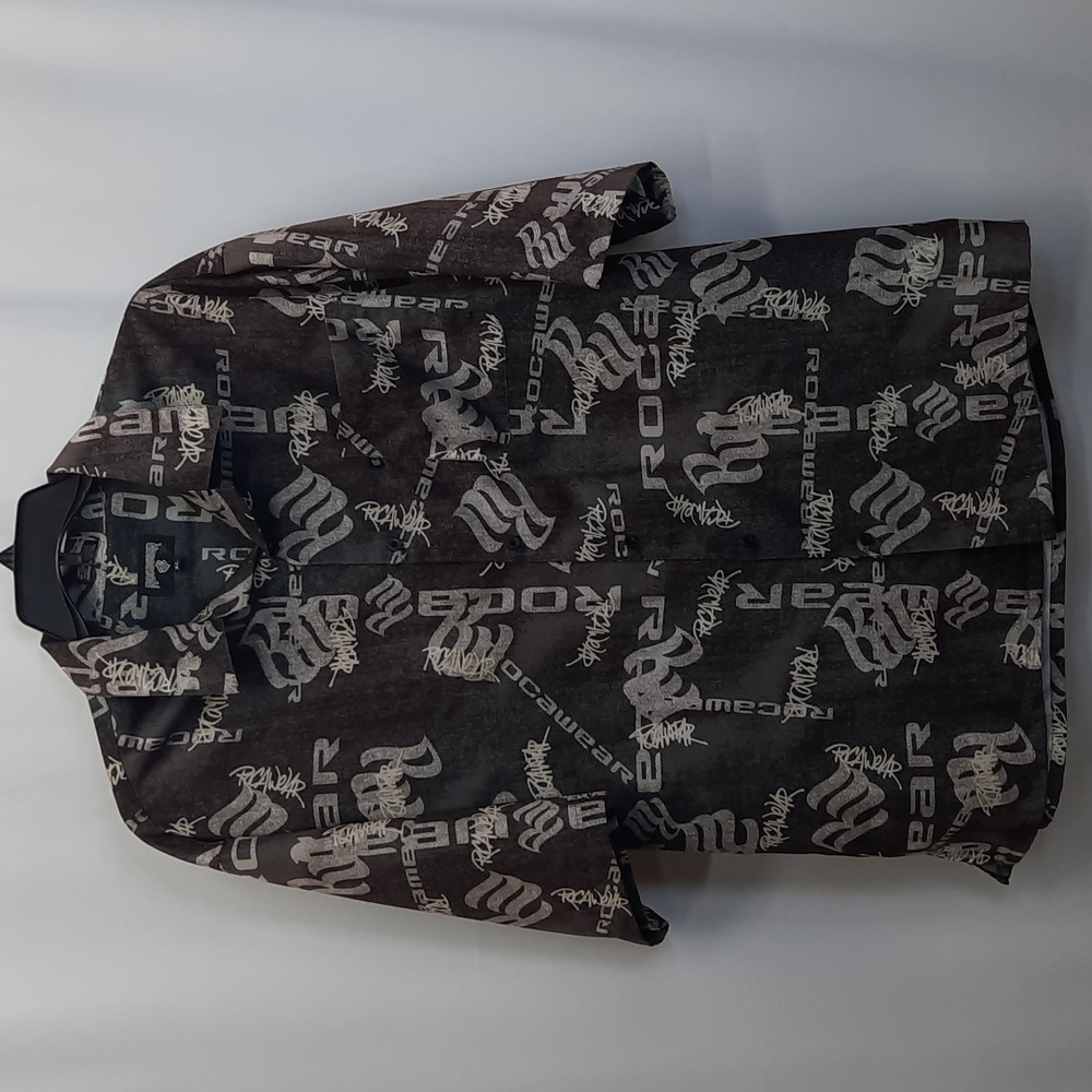 Vintage Rocawear Graffiti Print Short Sleeve Button Up Shirt Men's XL Black Y2K